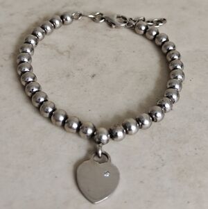 Elegant Italian Sterling Silver 925 Silver Pearl Beads Bracelet with Heart Charm